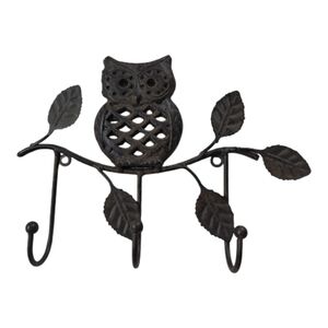 Cast Iron Owl 3 Hook Key Holder Wall Mountable Home Decor Dark Brown Boho Rustic
